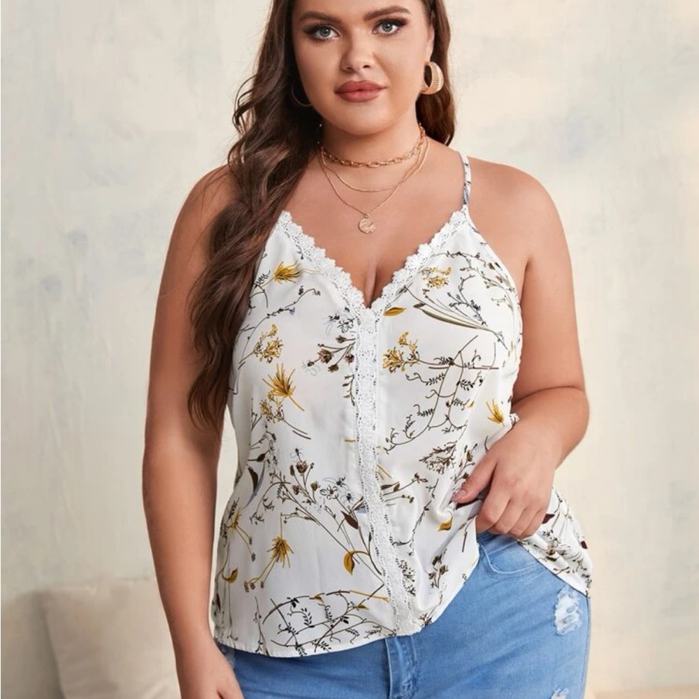 White Cami with Floral Print and Lace Crochet Insert and Trim